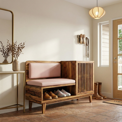 ADOUER WOOD Modern Entryway Shoe Rack Bench with Padded Seating & Slatted Storage Cabinet