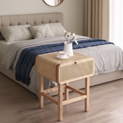 ADOUER WOOD Modern Rattan Solid Wood End Table with Cane Webbing Drawer & Curved Edges