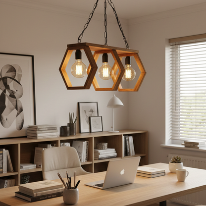 ADOUER WOOD 3-Light Hexagon Wooden Chandelier, Industrial Hanging Pendant Light for Dining Room & Kitchen Island