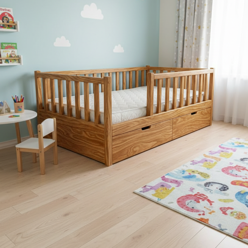 ADOUER WOOD Solid Wood Montessori Floor Bed with Safety Rails and Storage Drawers
