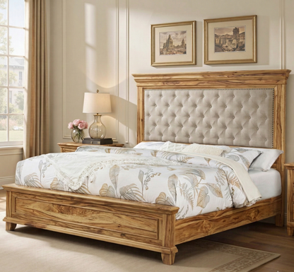 Adouer Wood Solid Wood King Size Bed with Tufted Fabric Headboard & Natural Grain Finish