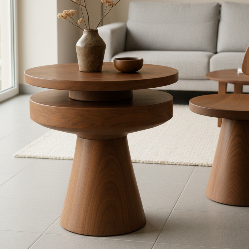 ADOUER WOOD Handcrafted Two-Tier Pedestal Side Table