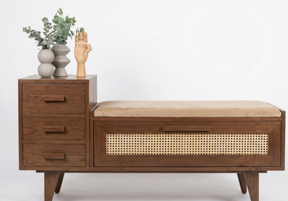 ADOUER WOOD Solid Ash Wood Storage Bench with Cane Detail and Integrated Side Drawers