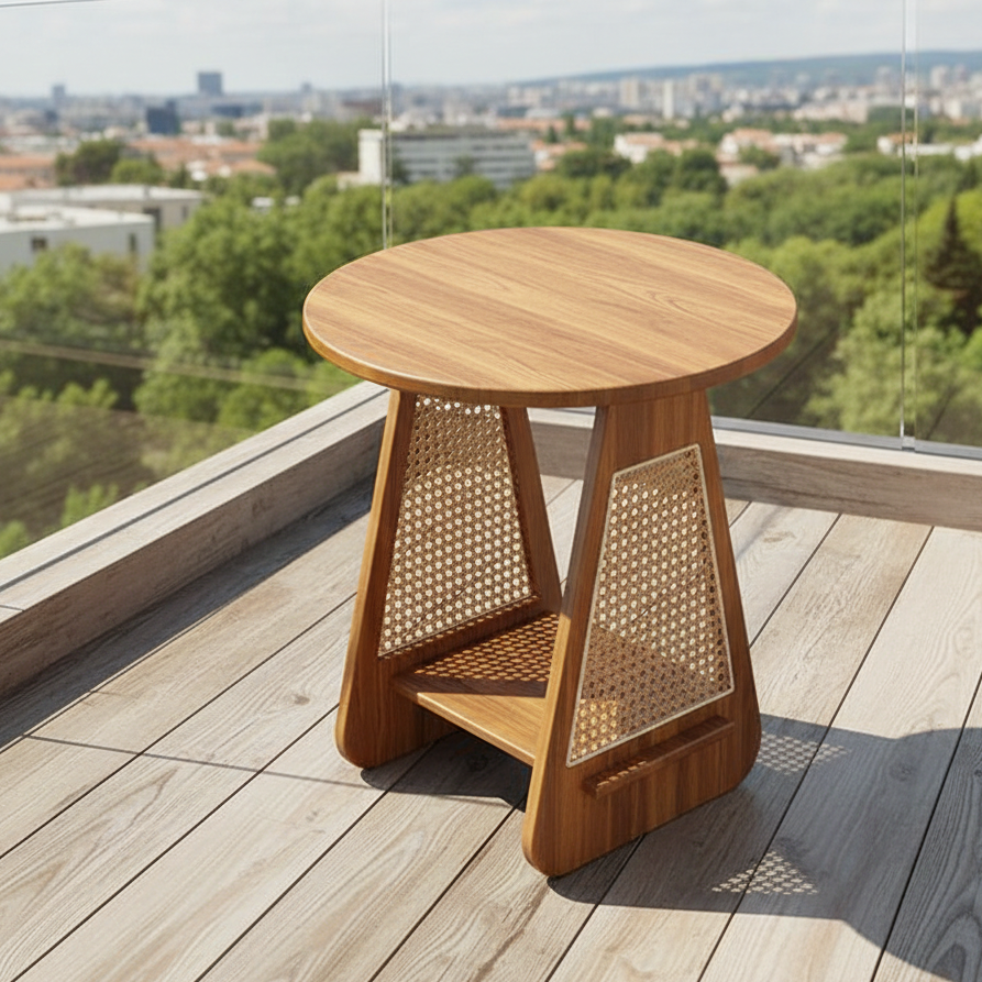 ADOUER WOOD Modern Round Wood Side Table with Rattan Inlay
