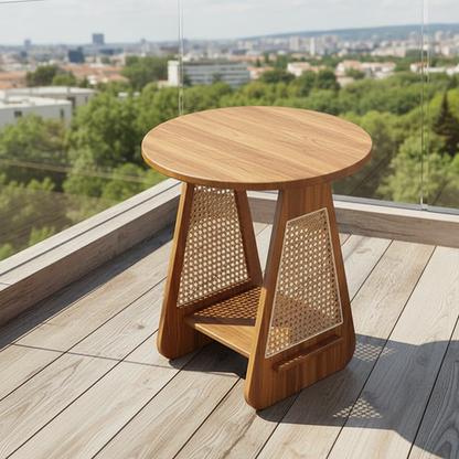 ADOUER WOOD Modern Round Wood Side Table with Rattan Inlay