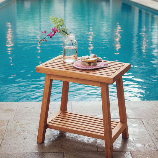 ADOUER WOOD Solid Wood Shower Bench with Storage Shelf – Waterproof Spa Bath Stool for Inside Shower, Bathroom Organizer & Side Table