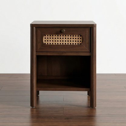 ADOUER WOOD The Elora Bedside Table: Minimalist Nightstand with Woven Cane Accents