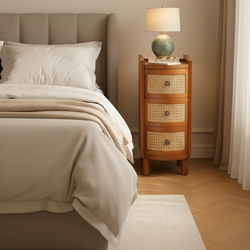 ADOUER WOOD Mid-Century Modern Round Cane Bedside Table - 3-Drawer Wood Nightstand with Rattan Detail