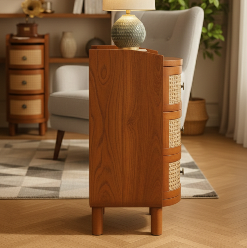 ADOUER WOOD Mid-Century Modern Round Cane Bedside Table - 3-Drawer Wood Nightstand with Rattan Detail