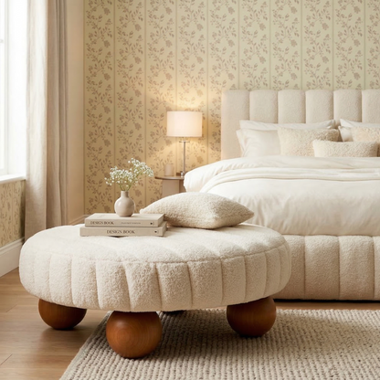 ADOUER WOOD Handcrafted Bouclé Round Ottoman – Ribbed Channel Tufted Coffee Table