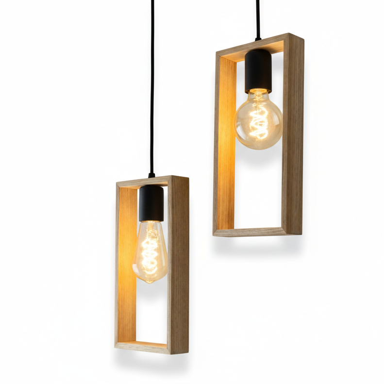 ADOUER WOOD Nordic Style Double Pendant Light Solid Wood Rectangular Frames ( SET OF 2 PCS.)
