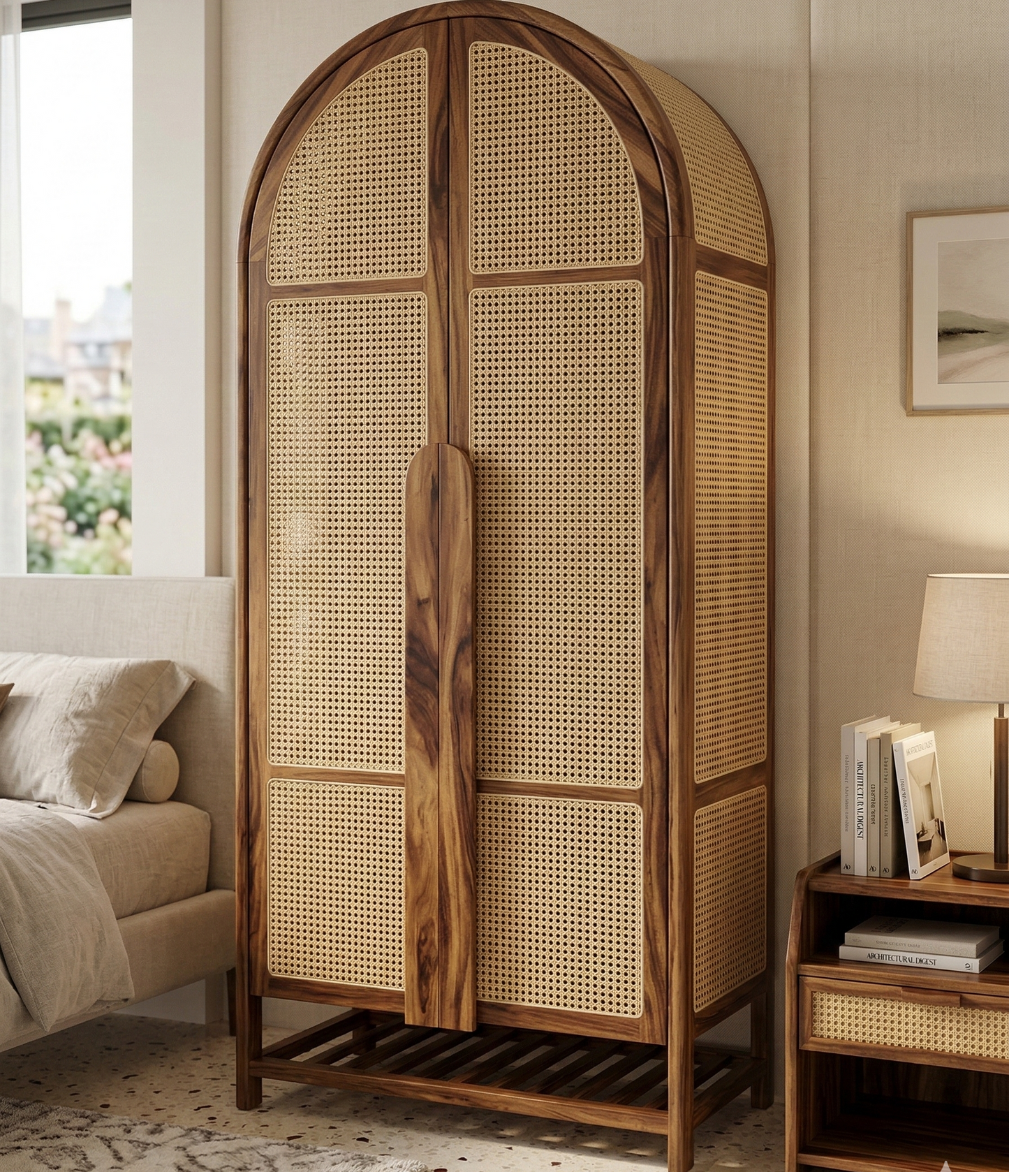 ADOUER WOOD Handcrafted Arched Rattan Wardrobe – Solid Sheesham Wood Armoire with Natural Cane Webbing & Slatted Base
