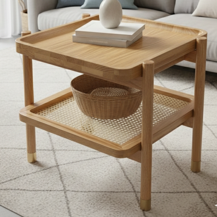 ADOUER WOOD Japandi Solid Wood Side Table with Natural Rattan Shelf