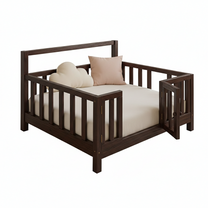 ADOUER WOOD Solid Wood Montessori Floor Bed with Safety Gate – Toddler Transition Cot