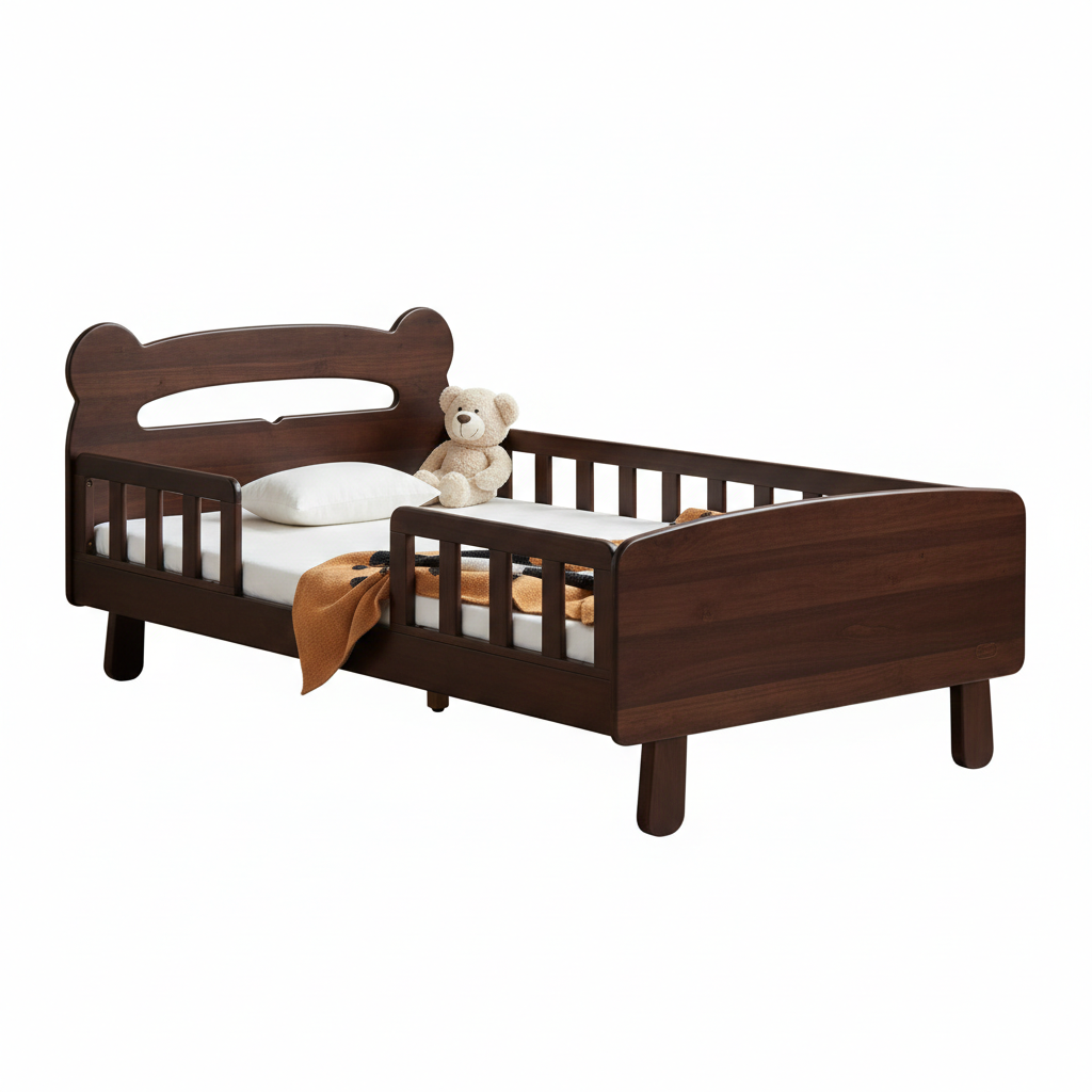 ADOUER WOOD Solid Wood Bear-Shaped Toddler Bed with Safety Guardrails