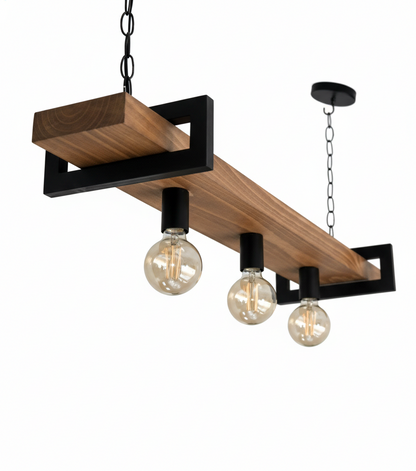 ADOUER WOOD Handcrafted Wood Beam Chandelier – Industrial Linear Pendant Light with Edison Bulbs