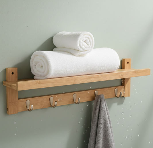 ADOUER WOOD Solid Wood  Wall-Mounted Towel Rack with Floating Display Shelf
