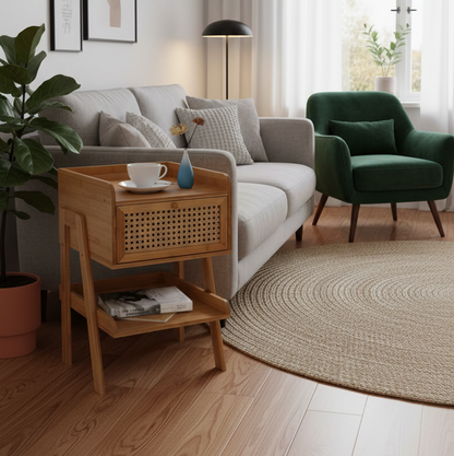 ADOUER WOOD Modern Nightstand & Bedside Table with Rattan Drawer & Open Storage Shelf