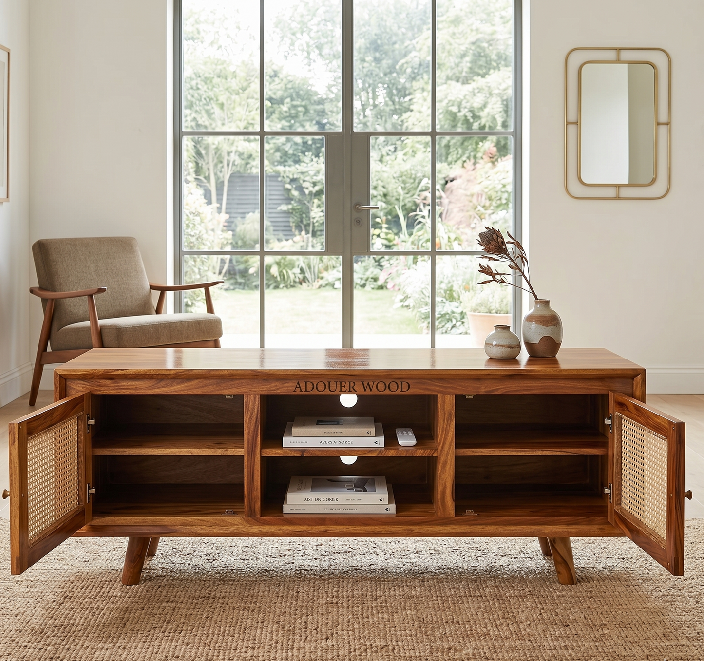 ADOUER WOOD Handcrafted Solid Wood TV Unit with Natural Rattan Cane Doors