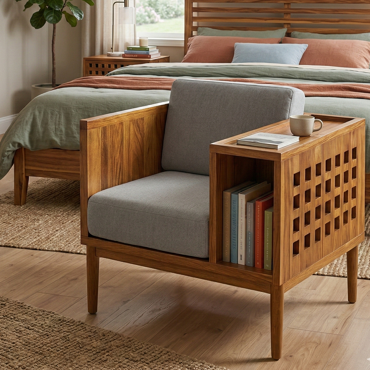 Acacia Wood Mid-Century Modern Teak Accent Chair with Built-in Bookshelf & Side Table