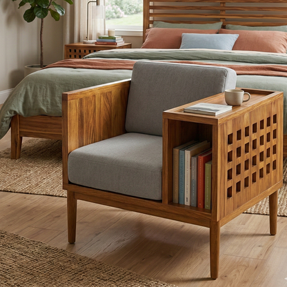 Acacia Wood Mid-Century Modern Teak Accent Chair with Built-in Bookshelf & Side Table
