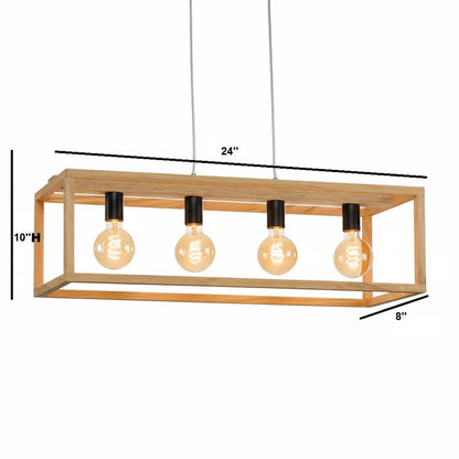 ADOUER WOOD Solid Wood Rectangular Pendant Light with 4 Edison Bulbs
