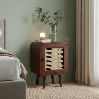 Adouer Wood Mid-Century Modern Rattan Bedside Table Wood Nightstand with Storage Door
