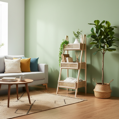 ADOUER WOOD 3-Tier A-Frame Wooden Ladder Shelf with Rattan Weave Baskets
