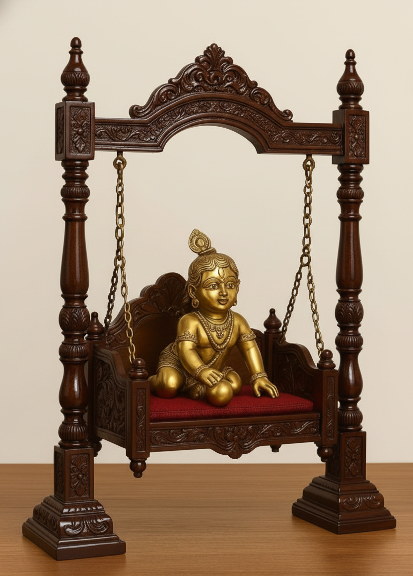 Minimalistic Hand-Carved Teak Wood Jhula for Laddu Gopal -Wooden Swing with Chains and Velvet Seating