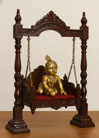 Minimalistic Hand-Carved Teak Wood Jhula for Laddu Gopal -Wooden Swing with Chains and Velvet Seating