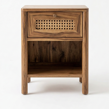 ADOUER WOOD The Elora Bedside Table: Minimalist Nightstand with Woven Cane Accents