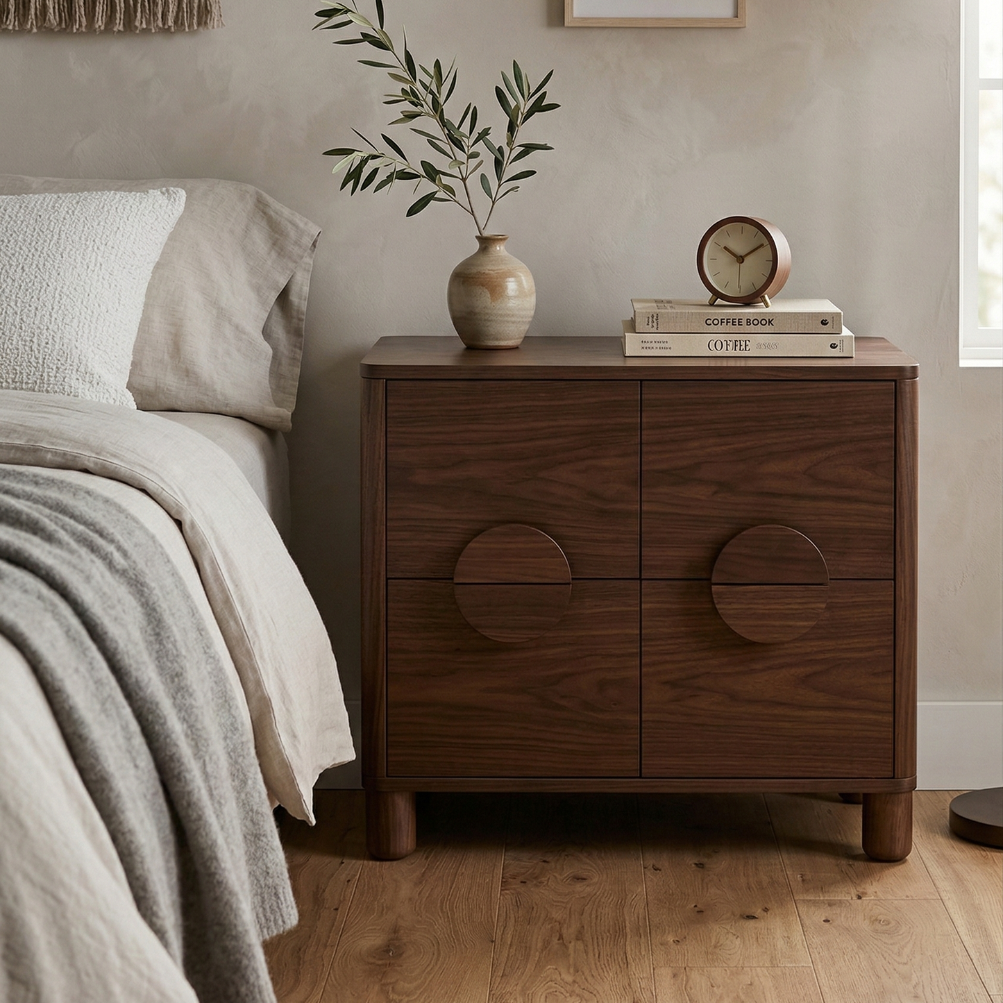 Adouer Wood Handcrafted Acacia Wood Bedside Table with Circular Integrated Pulls
