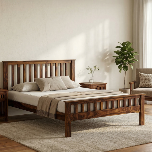 ADOUER WOOD Solid Wood Platform Bed with a slatted headboard and footboard