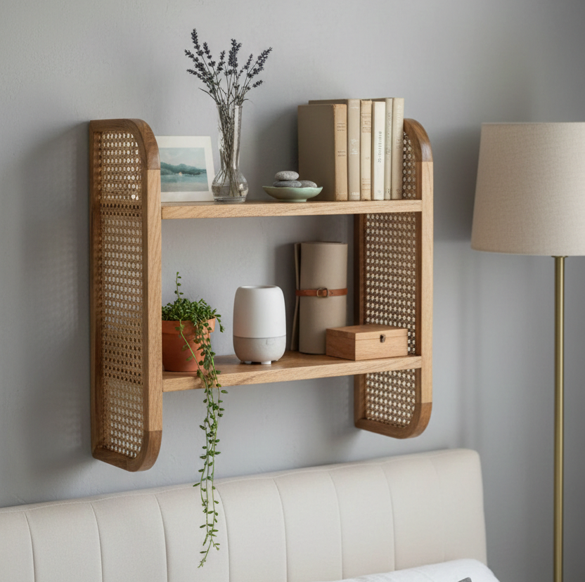 ADOUER WOOD Solid Wood & Rattan Cane Wall Shelf – 2-Tier Bohemian Floating Bookshelf