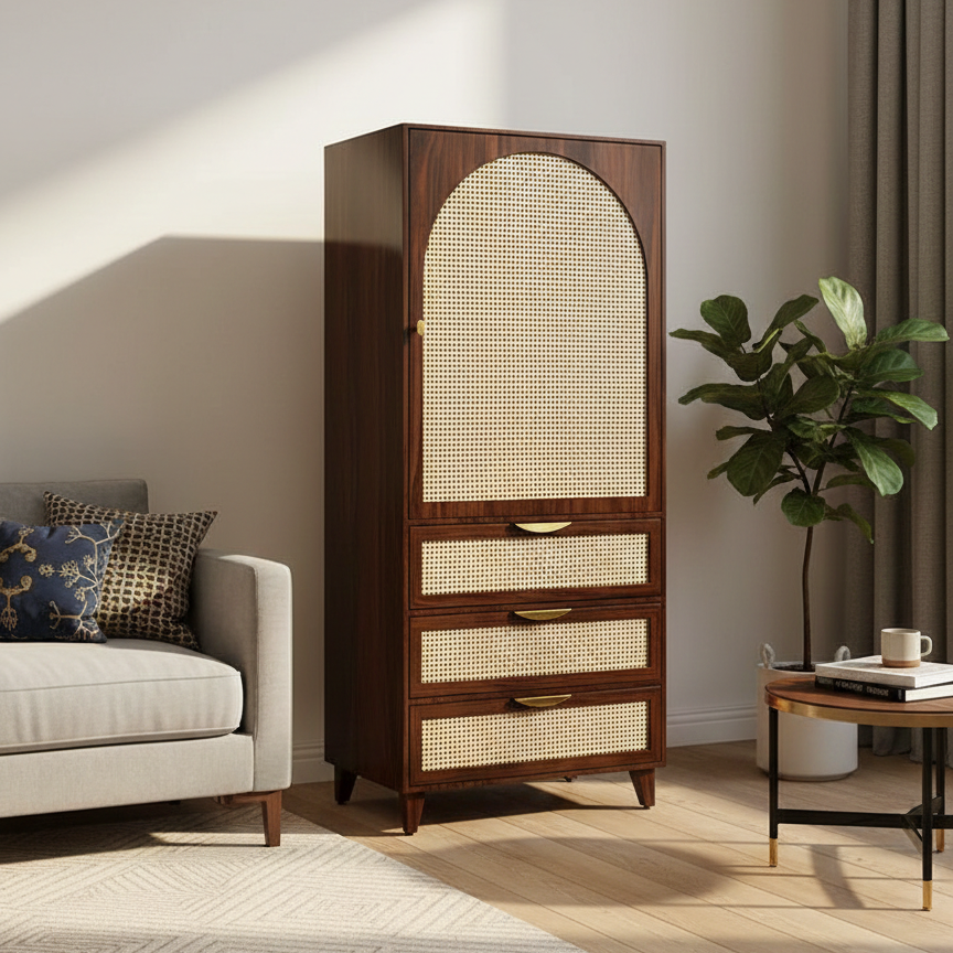 ADOUER WOOD  Solid Wood Sage Arched Wardrobe – Mid-Century Modern Armoire with Rattan Cane Inlay