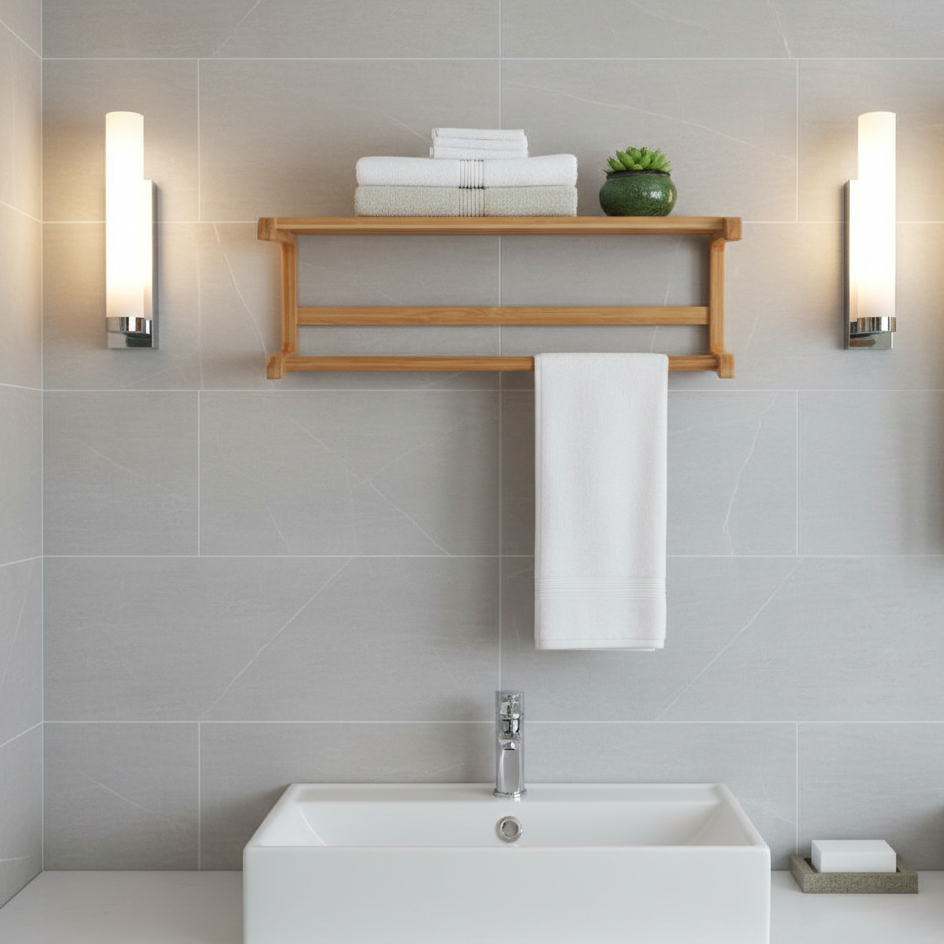 ADOUER WOOD 2-Tier Solid Wood Wall-Mounted Towel Rack with Floating Storage Shelf
