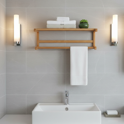 ADOUER WOOD 2-Tier Solid Wood Wall-Mounted Towel Rack with Floating Storage Shelf