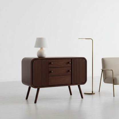 ADOUER WOOD Mid-Century Modern Sideboard – Curved Fluted Buffet Cabinet with 3 Drawers