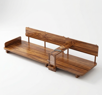 Adouer Wood Modern Japandi Sheesham Wood Sofa – 3-Seater with Integrated Side Table & Magazine Rack"