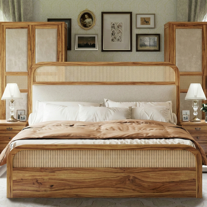 Adouer Wood Solid Wood Bed Natural Rattan Cane Weave & Upholstered Headboard