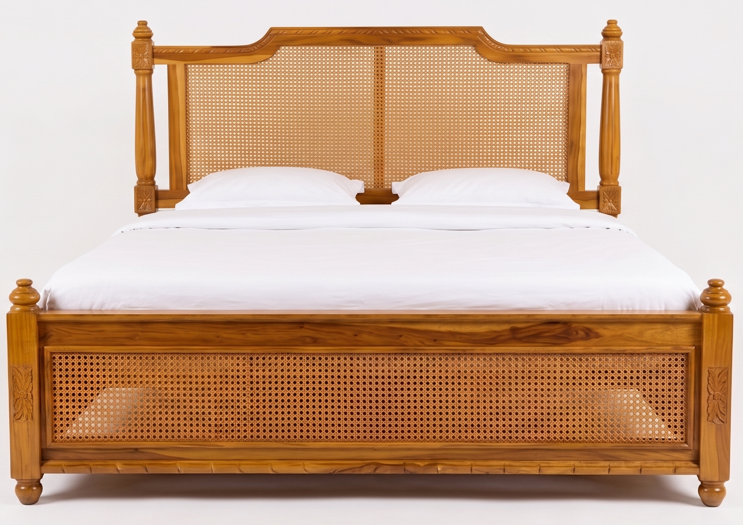 Adouer Wood Premium Sheesham Wood Bed with Cane Backrest | Honey Teak Finish