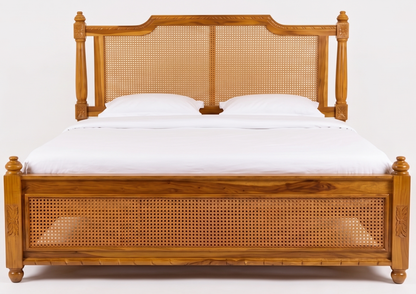 Adouer Wood Premium Sheesham Wood Bed with Cane Backrest | Honey Teak Finish
