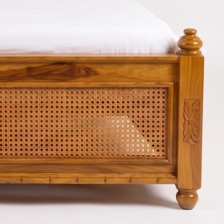 Adouer Wood Premium Sheesham Wood Bed with Cane Backrest | Honey Teak Finish