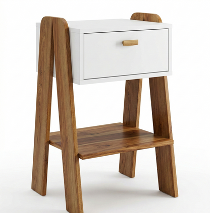 Mid-Century Modern A-Frame Nightstand  End Table with Storage Drawer and Display Shelf