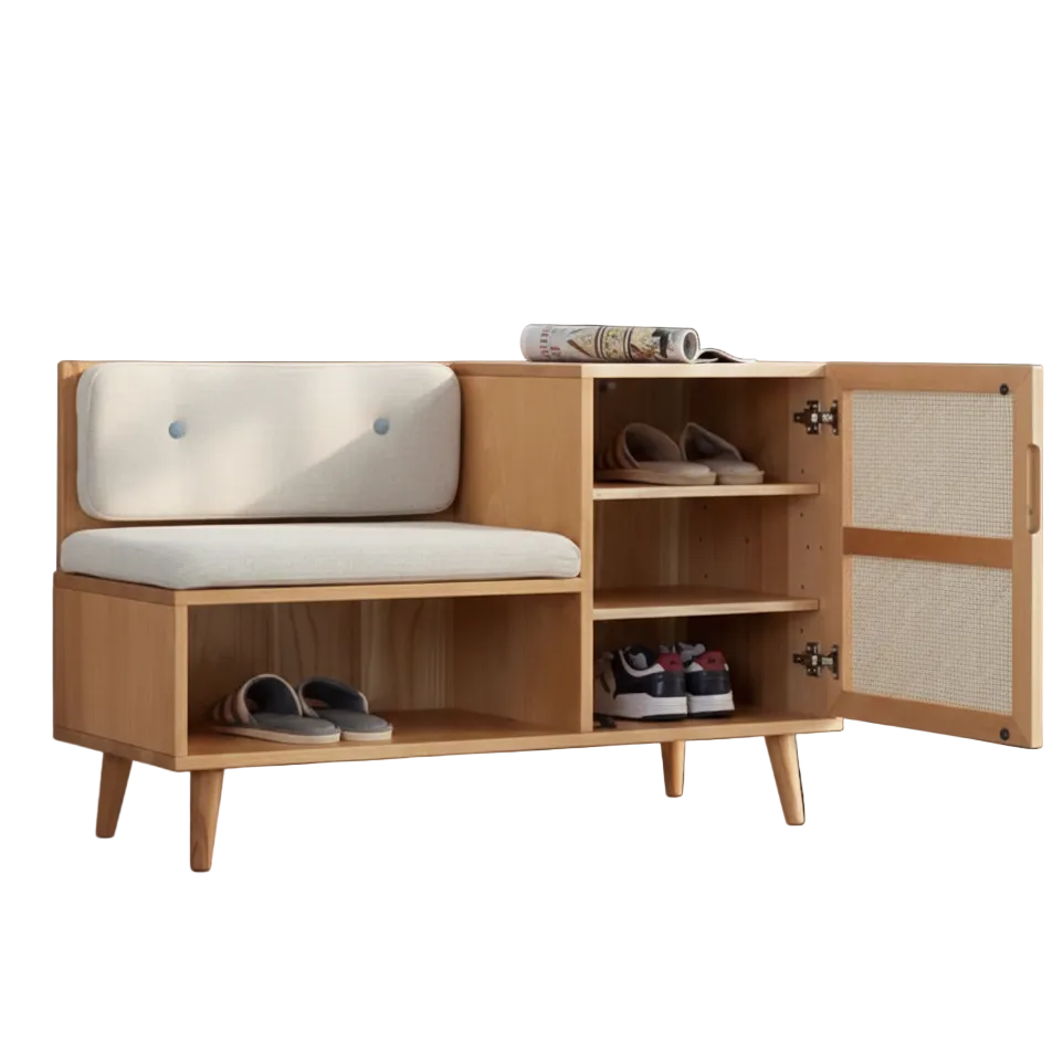 ADOUER WOOD Mid-Century Modern Sheesham Wood Shoe Rack Bench with Rattan Cane Door & Padded Seat