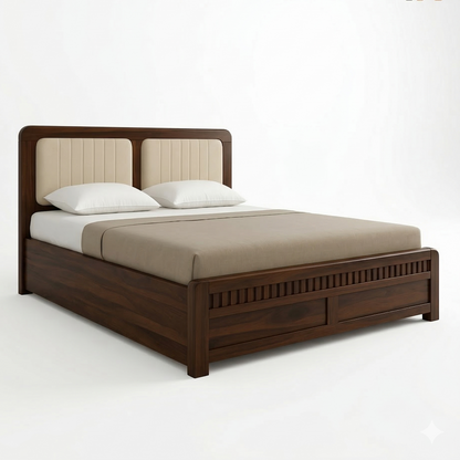 ADOUER WOOD Solid Sheesham Wood Bed with Upholstered Headboard