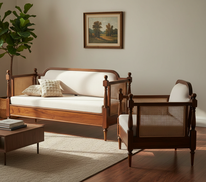 ADOUER WOOD Solid Wood 2-Seater Sofa with Hand-Woven Cane Details – Vintage Finish