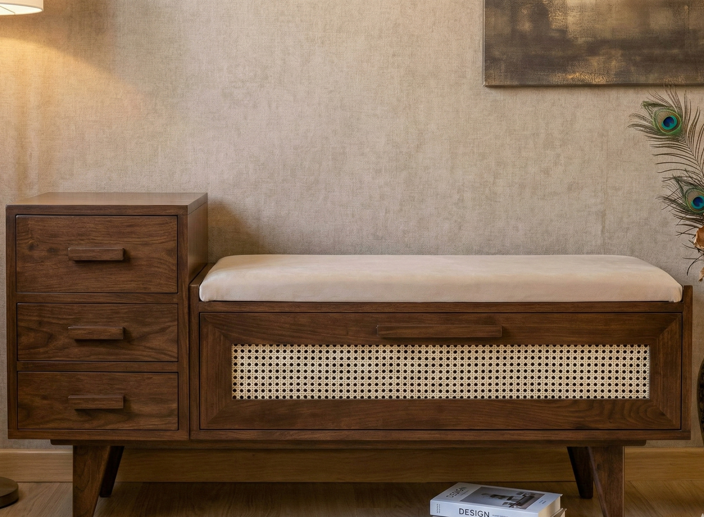 ADOUER WOOD Solid Ash Wood Storage Bench with Cane Detail and Integrated Side Drawers
