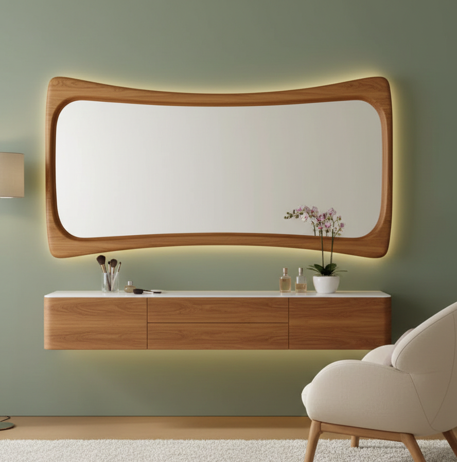 Acacia Wood Mid-Century Modern Organic Wood Wall Mirror