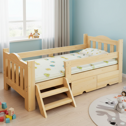 ADOUER WOOD Toddler Bed with Safety Guardrail, Storage Drawers, and Climbing Steps
